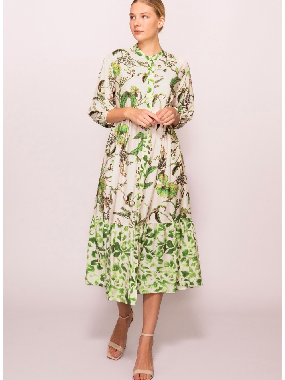 Melloday Mixed Media Ivory Green Fern Print Shirtdress Midi Dress Size M NEW